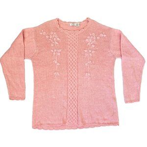 Vintage Sellecca Sweater, Pink Floral Cable Knit with Beads, Women's Large